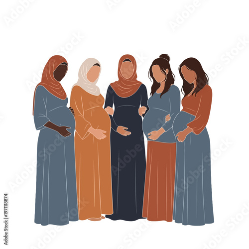 Diverse pregnant women standing together.