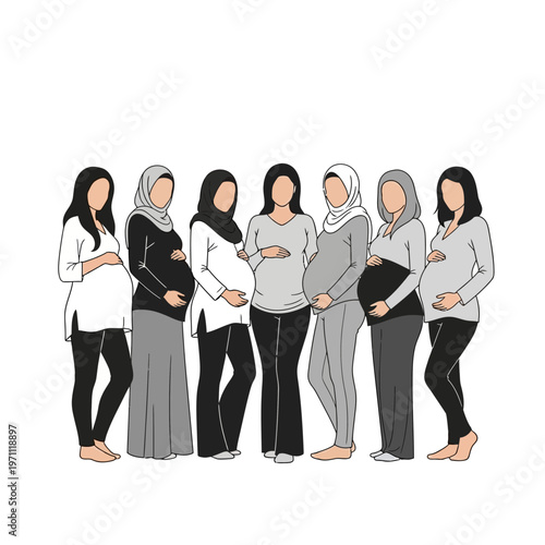 Diverse pregnant women wearing headscarves together.
