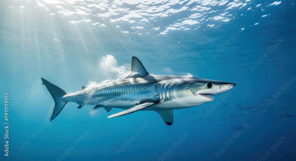 Fototapeta premium A powerful mako shark swims swiftly through sunlit ocean waters, showcasing its streamlined physique.