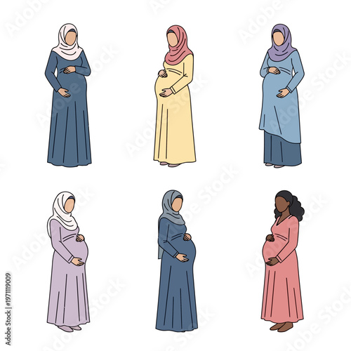 Pregnant Muslim Women in Hijab Clothing.