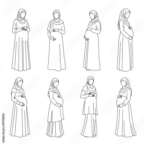 Pregnant Muslim woman in hijab poses.