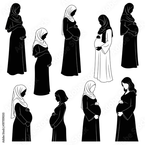 Pregnant Muslim Women in Hijab Clothing.