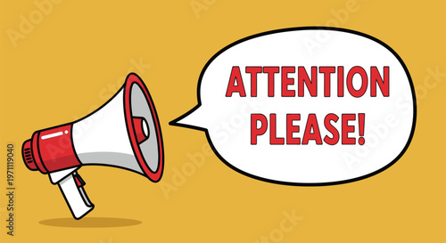 Megaphone with an "Attention, please" speech bubble for announcements and notifications