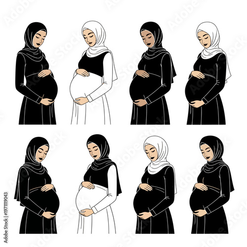 Pregnant Muslim Women in Hijab Poses.