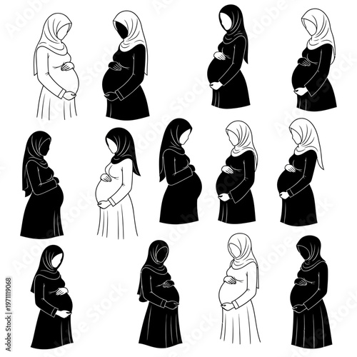 Pregnant Muslim Women in Hijab Poses.