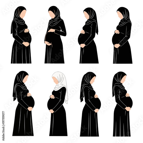 Pregnant Muslim Women in Hijab Poses.