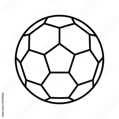 サッカーボールのシンプルなアウトラインベクターアイコン、スポーツやレクリエーション活動を象徴するフットボールのイラスト素材、ウェブサイトやアプリのUIデザインに最適なモノクログラフィック