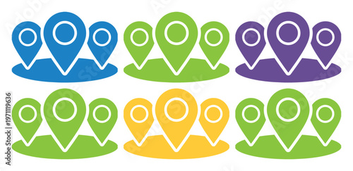 カラフルなロケーションピンアイコンセット、地図上の場所を示すGPSナビゲーションシンボル、ウェブサイトやアプリのUIデザインに最適なベクターイラスト