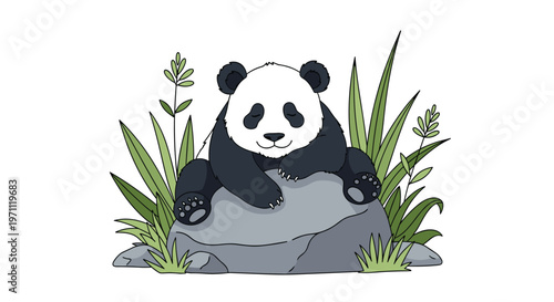 Giant panda bear peacefully sleeping on a large grey rock surrounded by tall green grass and leaves on a white background.
