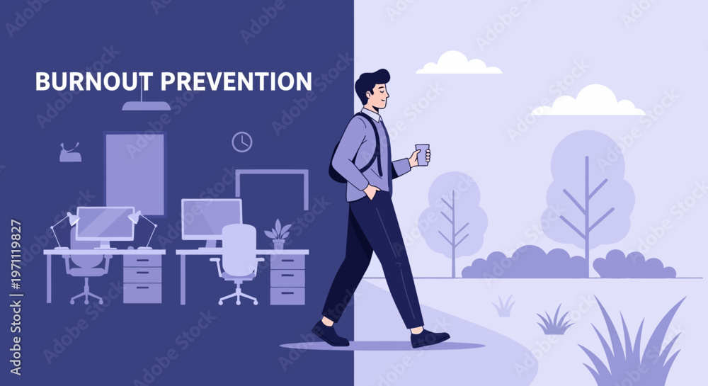 Fototapeta premium This conceptual illustration effectively visualizes burnout prevention, contrasting a demanding office workspace with the peaceful, rejuvenating experience of walking outdoors.