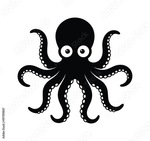かわいいタコのベクターイラスト、海の生き物のシンプルな黒いシルエット、水生動物のアイコンデザイン、子供向け教育素材や海洋テーマのプロジェクトに最適なグラフィックリソース