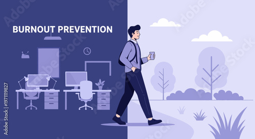 This conceptual illustration effectively visualizes burnout prevention, contrasting a demanding office workspace with the peaceful, rejuvenating experience of walking outdoors.
