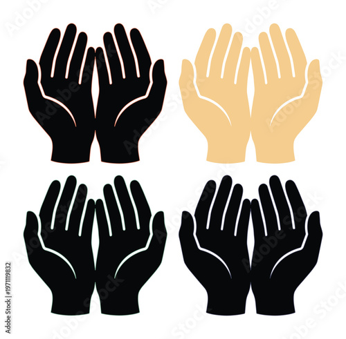 祈りの手、捧げる手、開いた手のシンプルなベクターアイコンセット。宗教的、精神的なテーマや、助けを求める、与える、受け入れるといった概念を表現するのに最適なグラフィック素材。