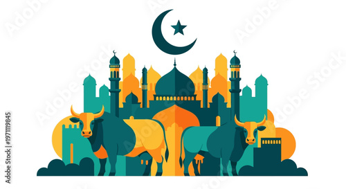 Vibrant Flat Design Illustration for Eid al-Adha Featuring Mosques, Sacrifice Animals, and Traditional Islamic Symbols