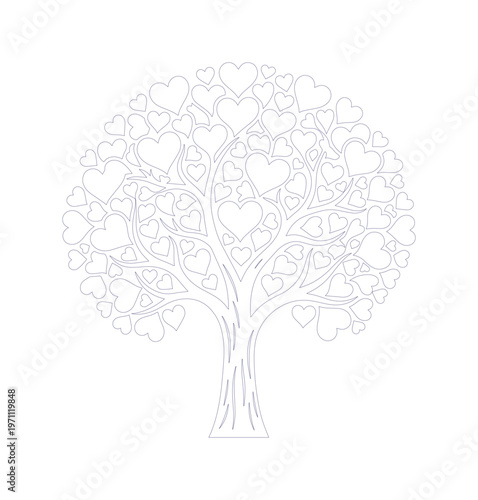 愛の木、ハートの葉が茂るロマンチックな生命の木、バレンタインデーや結婚式のデザインに最適なベクターイラスト素材