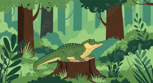 Green crocodile sitting on a wooden tree stump in a dense green forest with many trees and bushes in the background.