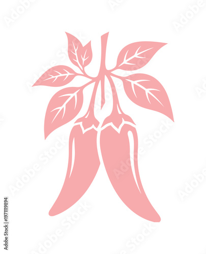 ピンクの唐辛子と葉のシンプルなベクターイラスト、料理やスパイス、辛味を表現するデザイン素材、食品関連のウェブサイトやメニューに最適なグラフィック