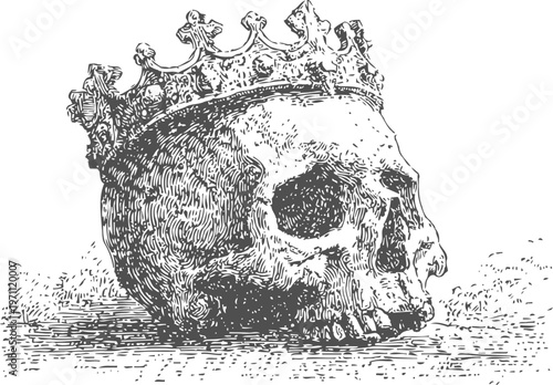 Antique skull with ornate crown detailed engraving vintage macabre illustration of mortality and power symbol