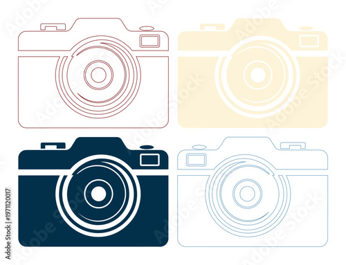 デジタル一眼レフカメラのミニマルなアウトラインと塗りつぶしアイコンセット、写真撮影やメディア関連のウェブサイト、アプリ、プレゼンテーションに最適なベクター素材