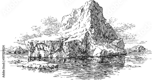 Detailed vintage engraving of iceberg floating in the ocean with smaller ice chunks around calm water surface