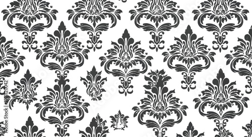 Black damask vector pattern featuring seamless floral ornamentation and baroque swirl texture for antique wallpaper decor and textile tile design.