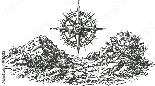 Vintage compass rose above rocky terrain and shrubs, hand drawn outdoors navigation concept