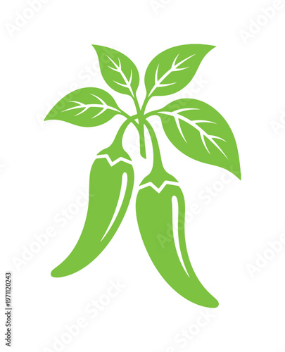 新鮮な緑色の唐辛子と葉のシンプルなベクターイラスト、料理や食品関連のデザインに最適な辛味の効いた香辛料のアイコン素材