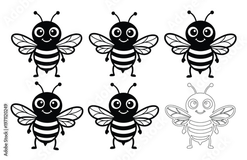 かわいいミツバチのキャラクターセット、白黒のシンプルな線画イラスト素材、子供向けデザインや教育コンテンツに最適なベクターアイコンコレクション