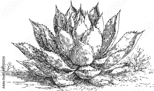 Vintage botanical illustration of an agave plant with detailed spiky leaves and natural habitat background