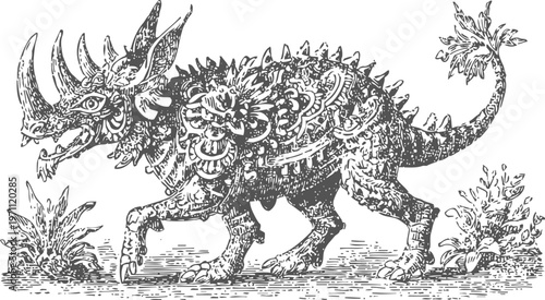 Intricate black and white mythical rhinoceros drawing with floral and ornamental details