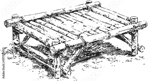 Hand drawn rustic bamboo bed frame with slatted platform and sturdy legs, vintage sketch