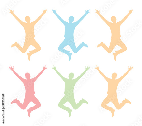 喜びを表現する躍動的なジャンプシルエット、多色展開の活気ある人物ベクターイラストセット。成功、自由、幸福を象徴するポジティブな感情表現。