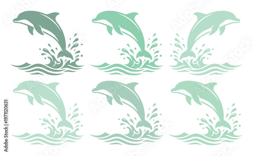 躍動感あふれるイルカのシルエット、水しぶきと波を伴う美しい海の生き物ベクターセット。水生生物の優雅な動きを表現した、ロゴやデザイン素材に最適なグラフィックリソース。
