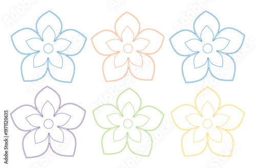 パステルカラーの桜の花びら、6つの可憐な花々が並ぶ、春の訪れを感じさせる優しいラインアートベクターイラスト素材。装飾やデザイン要素に最適。