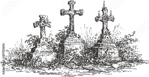 Three old crosses on graves with overgrown weeds and plants, vintage cemetery illustration
