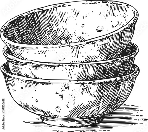 Stack of rustic ceramic bowls vintage illustration, kitchenware set for serving food and cooking