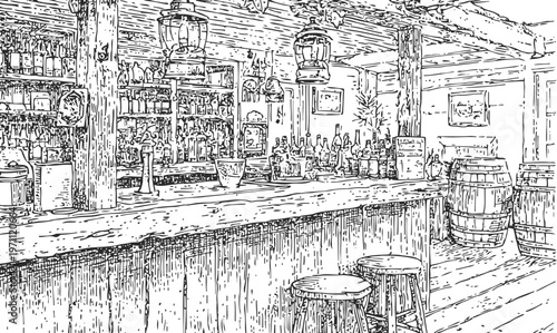 Vintage rustic bar interior with wooden stools, barrels, lanterns, and shelves of bottles