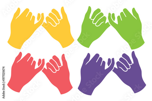 指切りげんまんの約束、友情と信頼を象徴するカラフルな手と指のジェスチャー。絆を深めるパートナーシップの概念、ベクターイラスト素材。