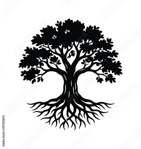 力強く根を張る生命の木、黒いシルエットで表現された豊かな葉と幹のベクターイラスト、成長と安定の象徴、ロゴやデザイン素材に最適な自然のアイコン