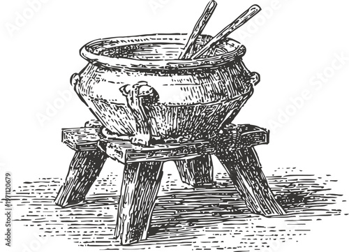 Vintage cast iron cooking pot with wooden stirrers on wooden stand engraving illustration