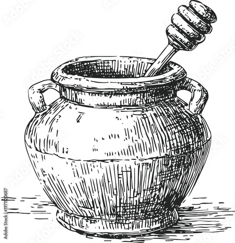 Vintage ceramic honey pot with honey dipper illustration in black and white