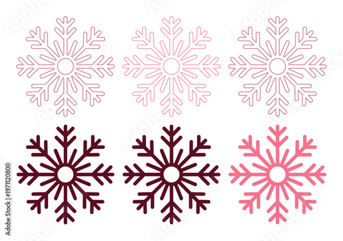 繊細なピンクとバーガンディの雪の結晶ベクターセット、冬の装飾やホリデーデザインに最適な6つの異なる雪の結晶アイコンコレクション