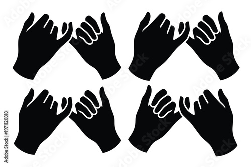 指切りげんまん、約束と信頼を象徴する黒いシルエットのベクターイラストセット。友情、パートナーシップ、誓いを表現するシンプルなアイコン素材。