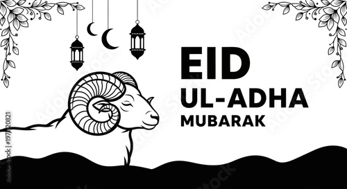 Stylized Ram Illustration with Lanterns and Moon for Islamic Festival Celebration Design