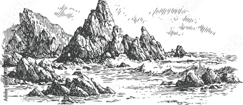 Rocky coastline with jagged cliffs and waves crashing on shore marine seascape sketch