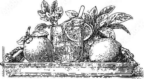 Vintage citrus fruits and cocktail glass with lemon and mint leaves on a wooden tray illustration