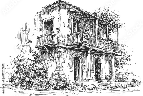 old rustic two story house with balcony and surrounding bushes sketch drawing