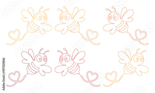 愛らしいミツバチの線画イラストセット、ハートの軌跡を描く可愛い蜂のキャラクターベクター素材集、ハチミツや自然をテーマにしたデザインに最適なグラフィックリソース