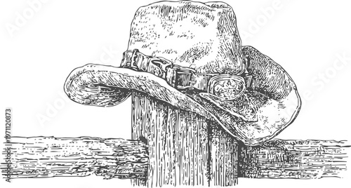 Vintage cowboy hat resting on wooden fence post detailed ink drawing illustration