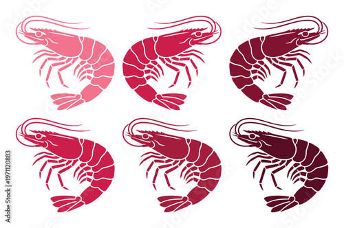 新鮮なエビのベクターイラストセット、様々な赤とピンクのグラデーションで描かれた食欲をそそる海老のアイコン、シーフードレストランや食品関連デザインに最適な甲殻類のコレクション